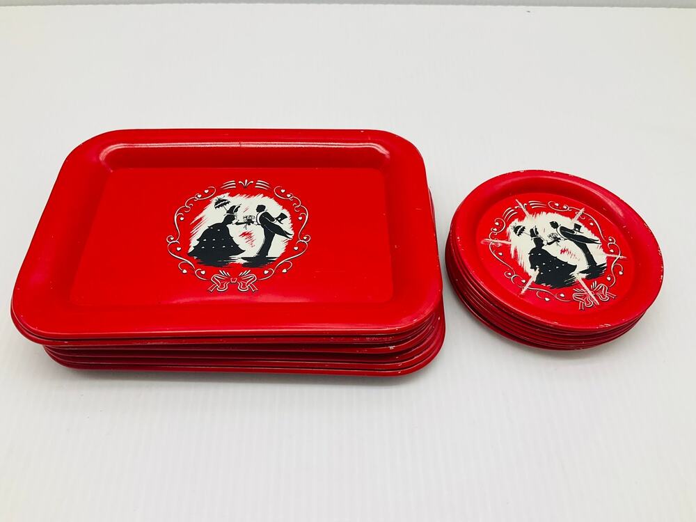 mcm tin lithograph "courting couple" tip trays and coasters matching set of 8